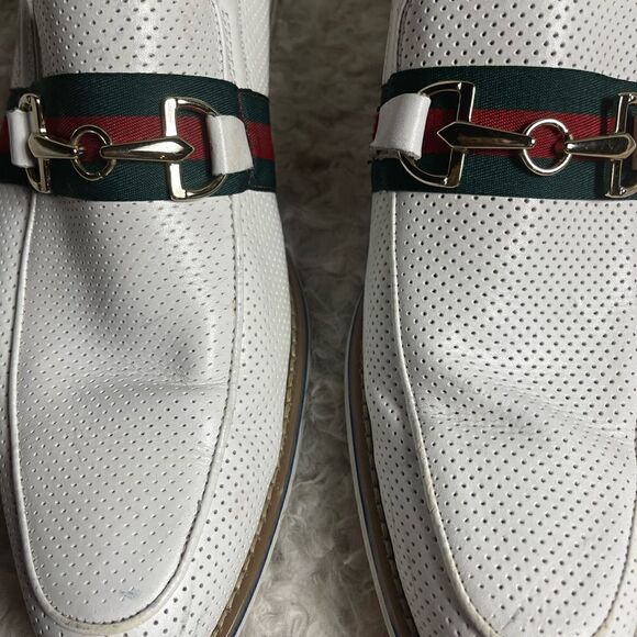 Fratelli White Perforated Leather Gold tone accent Italian Stripe Shoes SZ10M main image 6